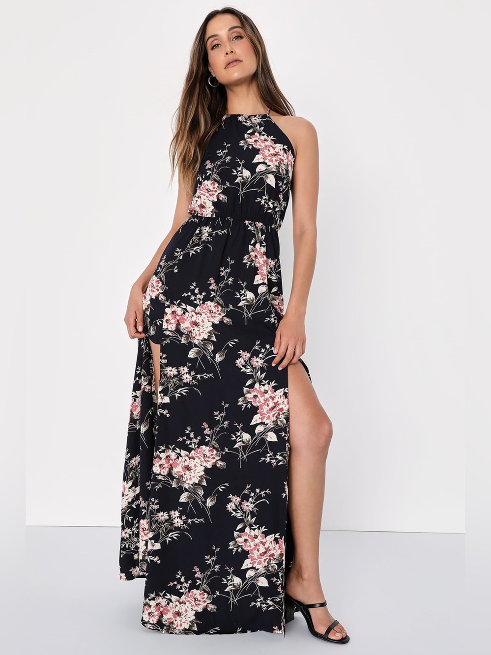 LULUS Feel The Music Midnight Blue Navy Floral Halter Maxi Dress Slit XL NWT